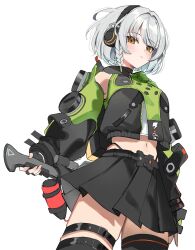  absurdres anby_demara belted_skirt black_headphones black_skirt black_thighhighs breasts closed_mouth cowboy_shot female from_below green_jacket green_sleeves grey_hair highres holding holding_sword holding_weapon jacket looking_at_viewer medium_breasts midriff navel nemun_(tamizzz) orange_eyes pleated_skirt short_hair skirt sleeveless sleeveless_jacket solo stomach strapless sword thigh_strap thighhighs tube_top weapon white_tube_top white_undershirt zenless_zone_zero 