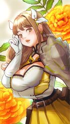  black_corset breasts brown_hair cleavage corset female fire_emblem fire_emblem_engage goldmary_(fire_emblem) hair_ribbon large_breasts long_hair looking_at_viewer mole mole_on_breast momongame_17 ribbon skirt solo white_ribbon yellow_eyes yellow_skirt 