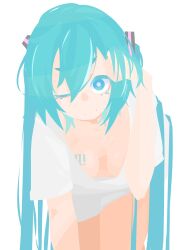  absurdres alternate_costume aqua_eyes aqua_hair breast_tattoo breasts bright_pupils cleavage downblouse female hand_in_own_hair hanging_breasts hara_id_21 hatsune_miku highres leaning_forward long_hair naked_shirt no_lineart one_eye_closed oversized_clothes oversized_shirt shirt sleepwear solo tattoo twintails vector_art very_long_hair vocaloid white_background white_pupils white_shirt 