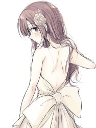  back backless_dress backless_outfit baran._(ba_ra_ran) bare_back bare_shoulders blush breasts brown_hair commentary dress female from_behind highres idolmaster idolmaster_cinderella_girls igarashi_kyoko long_hair looking_at_viewer looking_back medium_breasts sidelocks simple_background solo strapless strapless_dress upper_body white_background white_dress yellow_eyes 