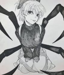  arthropod_girl arthropod_limbs bow breasts breasts_squeezed_together closed_mouth commentary_request extra_legs female fingernails full_body graphite_(medium) greyscale hairbow highres kurodani_yamame large_breasts long_sleeves looking_at_viewer medium_bangs monochrome ozma_(yozakura) seiza shirt short_hair simple_background sitting skirt smile solo spider_girl suspender_skirt suspenders tongue tongue_out touhou traditional_media turtleneck turtleneck_shirt 