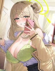  bare_shoulders black_skirt blonde_hair blue_archive blush bra breasts cellphone cleavage commentary_request female green_bra green_eyes green_halo hair_bun halo highres holding holding_phone large_breasts long_hair long_sleeves looking_at_viewer neshia_(tsaqif0309) nonomi_(blue_archive) off_shoulder phone selfie shirt shirt_tucked_in single_hair_bun skirt smartphone smile solo underwear white_shirt 