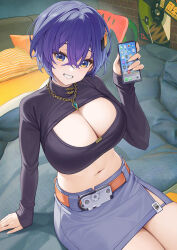  belle_(zenless_zone_zero) belt blue_eyes blue_hair blue_skirt blush breasts catsmoon cellphone cleavage cleavage_cutout clothing_cutout crossed_bangs female hair_between_eyes hair_ornament hand_up highres holding holding_phone jewelry large_breasts long_sleeves looking_at_viewer miniskirt navel necklace orange_belt phone shirt short_hair sitting skirt smartphone smile solo stomach thighs zenless_zone_zero 