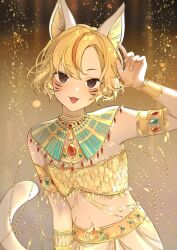  :3 animal_ears arm_at_side arm_up armlet bare_shoulders blonde_hair brown_eyes cat_ears cat_tail commentary_request eden_(eden871225) egyptian_clothes facial_mark fangs female fingernails flat_chest gem gold_armlet green_gemstone highres jewelry midriff multicolored_hair navel nikki_(series) orange_hair parted_hair red_brooch red_gemstone shining_nikki short_hair skirt solo streaked_hair tail tongue tongue_out two-tone_hair upper_body white_tail 