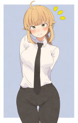  absurdres ahoge alternate_costume arms_behind_back black_necktie black_pants blunt_bangs blush breasts brown_hair c: commentary_request contemporary dress_shirt female formal furrowed_brow green_eyes highres large_breasts long_hair looking_at_viewer mushoku_tensei necktie norn_greyrat pants ponytail root_(1732050807point) shirt shirt_tucked_in sidelocks smile solo standing thigh_gap thighs white_shirt 