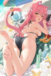  absurdres animal_ears ball beach beachball bell bikini black_bikini blush breasts cat_ears cat_girl cat_tail cellphone cherry devil_heavens female food fruit hair_ornament hairclip highres hiiro_(vtuber) indie_virtual_youtuber jingle_bell large_breasts long_hair looking_at_viewer looking_back lying melon ocean on_stomach open_mouth phone pink_hair pink_tail smartphone solo starfish swimsuit tail tail_ornament umbrella virtual_youtuber yellow_eyes 