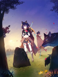  2girls animal_ears bird cape cat_ears cat_girl cat_tail cloak colored_sclera cover_image dutch_angle fingerless_gloves flower fran_(tensei_shitara_ken_deshita) gloves grass grave hair_between_eyes highres holding holding_flower midriff multiple_girls nadia_(tensei_shitara_ken_deshita) official_art outdoors petals purple_eyes purple_hair ruroo shishou_(tensei_shitara_ken_deshita) short_hair standing sword tail tensei_shitara_ken_deshita tree urushi_(tensei_shitara_ken_deshita) weapon wolf yellow_sclera 