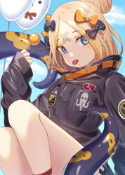  abigail_williams_(fate) abigail_williams_(traveling_outfit)_(fate) balloon bandaid bandaid_on_face bandaid_on_forehead belt black_bow black_jacket blonde_hair blue_eyes blue_sky bow breasts crossed_bandaids fate/grand_order fate_(series) female forehead hair_bun hairbow high_collar jacket long_hair long_sleeves orange_belt orange_bow parted_bangs ryofuhiko sky sleeves_past_fingers sleeves_past_wrists small_breasts solo tentacle thighs tongue tongue_out 