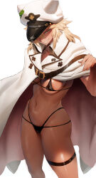  absurdres bikini black_bikini blonde_hair breasts brown_eyes cape cleavage dark-skinned_female dark_skin female grin guilty_gear guilty_gear_strive hat highleg highleg_bikini highres looking_at_viewer medium_breasts medium_hair navel ramlethal_valentine rororo smile solo swimsuit thigh_strap thighs white_cape white_hat 