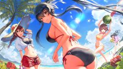  4girls agano_(kancolle) alternate_costume ass beach bikini bikini_under_clothes black_bikini black_hair blue_sky braid breasts brown_eyes brown_hair cloud day flower green_eyes hair_between_eyes hair_ribbon hat highres holding holding_water_gun holding_watermelon isasin929 kantai_collection large_breasts long_hair multiple_girls noshiro_(kancolle) ocean official_alternate_costume outdoors palm_tree ponytail purple_eyes purple_hair red_flower red_shorts ribbon running sakawa_(kancolle) shirt short_hair shorts side-tie_bikini_bottom sky small_breasts smile straw_hat sun_hat swept_bangs swimsuit tied_shirt tree twin_braids very_long_hair water_gun white_ribbon yahagi_(kancolle) yahagi_kai_ni_(kancolle) yellow_bikini yellow_flower 