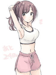  armpits arms_up baran._(ba_ra_ran) blush breasts brown_hair cleavage collarbone commentary_request countdown cowboy_shot dolphin_shorts female highres idolmaster idolmaster_cinderella_girls igarashi_kyoko looking_at_viewer medium_breasts midriff navel notice_lines parted_lips pink_shorts ponytail shorts simple_background solo sports_bra white_background white_sports_bra yellow_eyes 