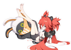  animal_ears bangboo_(zenless_zone_zero) bare_shoulders barefoot bear_ears black_gloves black_shorts clenched_teeth crop_top elbow_gloves eyepatch fake_animal_ears feet female gloves highres koleda_belobog legs legs_up long_hair lying on_back one_eye_covered red_eyes red_hair shorts teeth toombo12 twintails zenless_zone_zero 