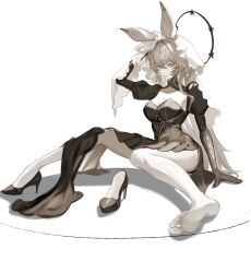  absurdres animal_ears arknights barefoot black_dress black_gloves black_halo blonde_hair breasts cleavage dorothy_(arknights) dorothy_(hand_of_destiny)_(arknights) dress female gloves hair_between_eyes halo highres jewelry long_hair long_sleeves looking_at_viewer mouse_ears mouse_girl official_alternate_costume sikadi_shigaoshou sitting solo veil white_background white_veil yellow_eyes 