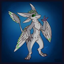  3_fingers 4_ears anthro ardeo avali declawed feathered_skirt feathered_wings feathers fingers fluffy fluffy_chest hi_res kalakian_(artist) male multi_ear solo tail tail_fan tail_feathers third-party_edit wings 