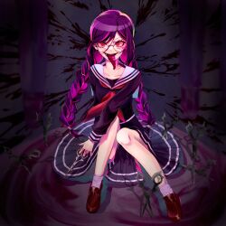  absurdres black_shirt black_skirt blood blood_on_face braid danganronpa:_trigger_happy_havoc danganronpa_(series) female fukawa_toko genocider_shou glasses highres long_hair long_tongue neckerchief pink_blood pink_hair pleated_skirt purple_hair red_eyes red_footwear red_neckerchief round_eyewear sailor_collar scissors shirt shoes sitting skirt socks takoda_(tako_green) tongue twin_braids twintails white_sailor_collar 