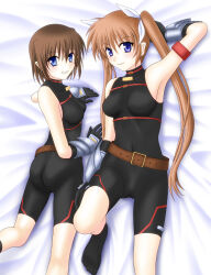  2girls arm_strap armored_gloves armpits belt black_unitard blue_eyes brown_hair cosplay fate_testarossa fate_testarossa_(cosplay) fate_testarossa_(sonic_form) highres lying lyrical_nanoha mahou_shoujo_lyrical_nanoha mahou_shoujo_lyrical_nanoha_a&#039;s mahou_shoujo_lyrical_nanoha_strikers multiple_girls on_back on_bed on_side sleeveless sooichi_(diabolicemission) takamachi_nanoha twintails unitard variant_set yagami_hayate 