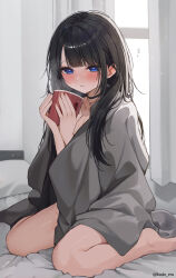  bed black_choker black_hair blue_eyes choker commentary_request cup curtains female hickey highres holding holding_cup indoors jewelry kudou_(sikisiki0000) long_hair looking_at_viewer necklace on_bed original pillow revision solo sweat thighs twitter_username window 