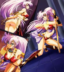  absurdres armor ass bikini bikini_armor bracer breasts danmakuman forehead_protector green_eyes highres jewelry large_breasts legend_of_lemnear lemnear long_hair multiple_views neck_ring purple_hair red_bikini shin_guards signature swimsuit sword weapon 