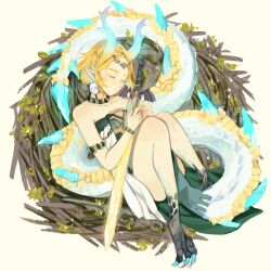  armlet bare_shoulders blonde_hair bracelet braid circlet closed_eyes closed_mouth collarbone crown_braid dragon_claw dragon_girl dragon_horns dragon_tail dress earrings eastern_dragon_horns eastern_dragon_tail female green_dress horns hugging_object jewelry jiaoyan_chacha light_dragon_(zelda) master_sword necklace nest pointy_ears princess_zelda solo spoilers strapless strapless_dress tail the_legend_of_zelda the_legend_of_zelda:_tears_of_the_kingdom thighs two-tone_dress very_long_tail white_dress yellow_background 