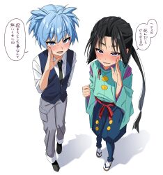  2boys ansatsu_kyoushitsu arm_behind_back black_hair black_necktie blue_eyes blue_hair blue_vest blush commentary_request creator_connection crossover full_body grey_pants hakama hakama_pants half-closed_eyes hand_up heart highres houjou_tokiyuki_(nige_jouzu_no_wakagimi) japanese_clothes kariginu kayuu_(hikentai0112) kimono kunugigaoka_middle_school_uniform long_hair long_sleeves looking_at_viewer male_focus multiple_boys naughty_face necktie nige_jouzu_no_wakagimi open_mouth otoko_no_ko pants parted_lips ponytail purple_eyes red_sash sandals sash school_uniform shiota_nagisa shirt short_sleeves short_twintails sidelocks_tied_back simple_background smile socks speech_bubble spoken_heart standing sweat translation_request twintails very_long_hair vest white_background white_shirt white_socks wide_sleeves zouri 