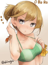  akino_shuu animal bare_arms bare_shoulders bikini blush breasts brown_background brown_hair character_name collarbone commentary_request crab female gradient_background green_bikini grey_eyes halterneck hands_up kantai_collection looking_at_viewer medium_breasts notice_lines oboro_(kancolle) oboro_(swimsuit_mode)_(kancolle) parted_lips ponytail solo strap_lift striped_bikini striped_clothes sweat swimsuit tan tanlines twitter_username upper_body vertical-striped_bikini vertical-striped_clothes white_background wrist_cuffs 