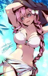  bikini braid braided_ponytail breasts dated double-parted_bangs eiyuu_densetsu emma_millstein female grey_eyes hair_between_eyes highres large_breasts leaf long_hair navel open_mouth outdoors pink_hair sen_no_kiseki_(series) sen_no_kiseki_iii side_ponytail signature smile solo swimsuit tinybiard twitter_username upper_body 