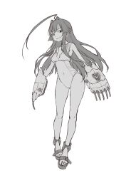  absurdres ahoge armored_gloves claws covered_navel female full_body greyscale hair_intakes highres huge_ahoge kantai_collection kuma_(kancolle) long_hair monochrome neve_(morris-minicooper) one-piece_swimsuit sidelocks solo swimsuit 