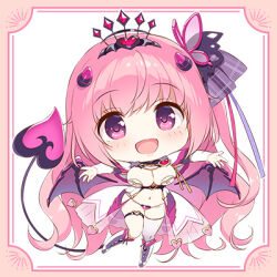  :d anneliese blue_ribbon blush boots border breasts butterfly_hair_ornament chibi cleavage curvy demon_girl demon_horns demon_tail demon_wings female hair_ornament hair_ribbon happy heart heart-shaped_ornament heart_panties heart_print horns kimagure_temptation kimagure_temptation_2 kimishima_ao knees_together_feet_apart large_breasts long_hair looking_at_viewer lowres navel official_alternate_costume official_art one_side_up open_mouth outstretched_arms outstretched_hand panties pink_border pink_eyes pink_hair pink_ribbon pleated_skirt print_panties promotional_art ribbon see-through see-through_skirt simple_background skirt smile solo standing tail tail_raised tareme tiara underwear very_long_hair white_background white_skirt wings 