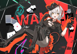  absurdres ambience_synesthesia antennae arknights asymmetrical_gloves black_dress black_gloves black_pantyhose boots breasts card demon_girl demon_horns demon_tail dress elbow_gloves female gloves grey_hair haixingren hat highres horns looking_at_viewer official_alternate_costume open_mouth pantyhose playing_card short_hair single_elbow_glove single_sleeve smile solo tail thigh_boots torn_clothes torn_pantyhose w_(arknights) w_(wanted)_(arknights) yellow_eyes 