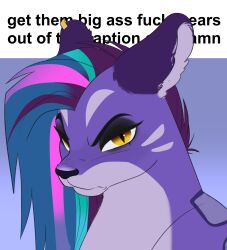  allura_(mlp) amber_eyes aztrial black_eyeshadow caption ear_piercing eyeshadow felid female frown fur get_them_bigass_ears_out_of_the_caption hair hasbro hi_res looking_at_viewer makeup mammal meta mlp_g5 multicolored_hair my_little_pony pantherine piercing portrait pupils purple_body purple_fur purple_hair slit_pupils snow_leopard 