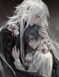  2boys black_nails black_shirt blue_eyes blue_hair brown_background ciel_phantomhive closed_mouth dark_blue_hair earrings eb016 fingernails flower green_eyes hand_on_another&#039;s_head highres hug jewelry kuroshitsuji light_particles long_fingernails long_hair male_focus multiple_boys parted_lips ring scar shirt short_hair signature twitter_username undertaker_(kuroshitsuji) white_flower white_hair white_shirt 