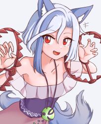  :d animal_ears bare_shoulders claw_pose collarbone commentary fangs female grey_background grey_hair jewelry looking_at_viewer mitsugashira_enoko off-shoulder_shirt off_shoulder open_mouth pendant red_eyes shirt short_hair smile solo tail touhou upper_body wolf_ears wolf_tail wool_(miwol) 