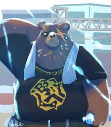  anthro bear belly ben_bigger bodily_fluids bottle brown_body brown_fur clothing construction_site container facial_scar fur jewelry male mammal mihoyo missing_eyes necklace negigi overweight scar shirt solo sweat t-shirt topwear towel water_bottle zenless_zone_zero 