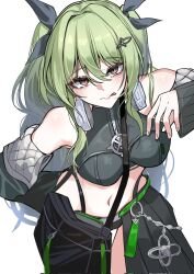  bare_shoulders black_shorts breasts detached_sleeves female green_hair hair_between_eyes hair_ornament hair_ribbon hairclip halterneck highres honkai_(series) honkai_impact_3rd kamishiro_noa long_hair looking_at_viewer medium_breasts midriff mobius_(honkai_impact) mobius_(razer)_(honkai_impact) navel ouroboros ribbon shorts slit_pupils tongue tongue_out white_background 