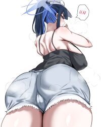  absurdres ass back baseball_cap black_camisole black_hair blue_archive blue_eyes blue_hair blue_halo blunt_bangs breasts camisole closed_mouth commentary_request denim denim_shorts female grey_shorts halo hat highres large_breasts long_hair looking_at_viewer multicolored_hair ponytail saori_(blue_archive) short_shorts shorts shoulder_blades sidelocks simple_background solo standing trefoil two-tone_hair white_background woo_(woosan) 