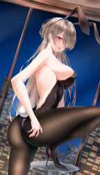  absurdres animal_ears ass back backless_leotard bare_shoulders black_leotard black_pantyhose breasts brown_hair building commentary fake_animal_ears fake_tail female from_side hair_over_one_eye high_heels highres honkai_(series) honkai_impact_3rd indoors large_breasts leotard long_hair match_(scp115) mole mole_under_eye night night_sky pantyhose playboy_bunny rabbit_ears rabbit_tail red_eyes rita_rossweisse sideboob sky skyscraper solo standing standing_on_one_leg tail window 