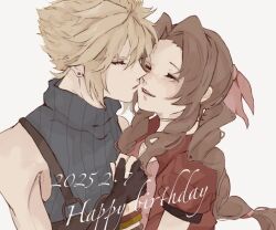  1boy aerith_gainsborough bangle bare_shoulders black_gloves blonde_hair blue_shirt bracelet braid braided_ponytail brown_hair closed_eyes cloud_strife couple dated dress earrings female final_fantasy final_fantasy_vii final_fantasy_vii_rebirth final_fantasy_vii_remake gloves hair_between_eyes hair_ribbon happy_birthday holding_hands imminent_kiss jacket jewelry nitijoy2 parted_bangs parted_lips pink_dress pink_ribbon puffy_short_sleeves puffy_sleeves red_jacket ribbon shirt short_sleeves sidelocks single_braid single_earring sleeveless sleeveless_turtleneck smile spiked_hair straight suspenders turtleneck upper_body white_background 