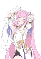  absurdres arms_up black_shorts breasts corset cowboy_shot elysia_(herrscher_of_human:_ego)_(honkai_impact) elysia_(honkai_impact) female hetare_mizu highres honkai_(series) honkai_impact_3rd large_breasts long_hair parted_lips pink_hair purple_eyes short_shorts shorts simple_background solo triquetra veil very_long_hair white_background white_corset white_veil 