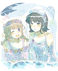  2girls :3 ;d artist_name bare_shoulders bikini black_hair blunt_bangs blush bow bow_hairband braid breasts brown_hair center-flap_bangs cleavage closed_mouth collarbone commentary daisy dated eye_contact flipped_hair flower flower-trimmed_bikini flower_wreath frilled_bikini frills green_eyes green_ribbons hair_ribbon hairband heart her-bath-rium highres kachimachi_kosuzu link!_like!_love_live! looking_at_another love_live! momose_ginko multiple_girls nose_blush official_alternate_costume one-piece_swimsuit one_eye_closed outdoors palm_tree partially_submerged pink_bikini pink_eyes ribbon ribbon_braid short_hair sidelocks signature small_breasts smile speech_bubble spoken_heart swimsuit symbol-only_commentary tree twin_braids upper_body virtual_youtuber white_bow white_flower white_hairband white_one-piece_swimsuit woodonly 