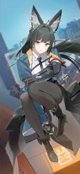  absurdres animal_ears arm_out_of_sleeve black_boots black_gloves black_hair black_necktie black_pantyhose black_skirt boots breasts closed_mouth collared_shirt commentary dutch_angle eucha female fingerless_gloves fox_ears fox_girl full_body gauntlets gloves high_heel_boots high_heels highres hoshimi_miyabi id_card jacket long_hair looking_at_viewer md5_mismatch medium_breasts necktie outdoors pantyhose red_eyes scabbard sheath shirt single_fingerless_glove single_gauntlet sitting skirt solo white_shirt wind zenless_zone_zero 