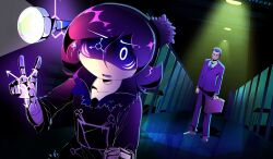  5_fingers being_watched bottomwear briefcase business_suit clothing crossover dark_clothing duo female fingers g-man ghoulinfuchsia glitch_productions hair half-life hallway hi_res human humanoid jacket lamp lantern light_bulb looking_at_another machine male mammal murder_drones necktie nervous pants purple_clothing purple_hair robot robot_humanoid smile standing suit telekinesis topwear uzi_(murder_drones) valve visor visor_eyes white_body worker_drone 