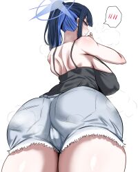  absurdres ass back black_camisole black_hair blue_archive blue_eyes blue_hair blue_halo blunt_bangs breasts camisole closed_mouth denim denim_shorts female grey_shorts halo highres large_breasts long_hair looking_at_viewer multicolored_hair ponytail saori_(blue_archive) short_shorts shorts shoulder_blades sidelocks simple_background solo standing trefoil two-tone_hair white_background woo_(woosan) 