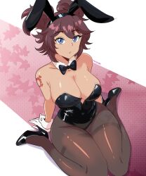  absurdres bare_shoulders blue_eyes breasts brown_hair fortnite from_above high_heels highres looking_at_viewer master67silver pantyhose playboy_bunny shoulder_tattoo sitting tattoo the_machinist_(fortnite) twintails twitter_username wariza 