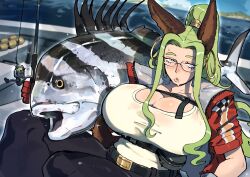  absurdres animal_ears belt black_pants blurry blurry_background boat breasts cleavage cloud commission day earrings english_commentary fanny_pack female fish fishing_rod glasses gloves green_hair highres hoop_earrings huge_breasts jewelry long_hair looking_at_viewer mole mole_under_eye mole_under_mouth multiple_moles original outdoors pants ponytail red_gloves second-party_source short_sleeves skeb_commission sky solo sparkle syakunetuu tail tank_top water watercraft white_tank_top 