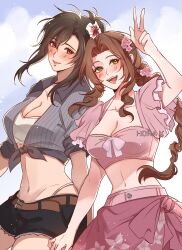  2girls absurdres aerith_gainsborough aerith_gainsborough_(white_floral_dress) black_hair black_shorts blush bra braid braided_ponytail breasts brown_hair cleavage closed_mouth cloud_strife collarbone collared_shirt crop_top english_commentary final_fantasy final_fantasy_vii final_fantasy_vii_rebirth final_fantasy_vii_remake flower frilled_sleeves frills green_eyes grey_shirt hair_between_eyes hair_flower hair_ornament hibiscus highres hora_k large_breasts medium_breasts midriff multiple_girls official_alternate_costume official_alternate_hairstyle open_mouth parted_bangs pink_flower pink_sarong pink_shirt pink_skirt red_eyes sarong shirt short_shorts short_sleeves shorts sidelocks single_braid skirt smile striped_clothes striped_shirt tifa_lockhart tifa_lockhart_(majestic_glamour) underwear updo v white_bra 
