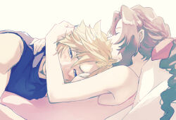  aerith_gainsborough bare_arms bare_shoulders blonde_hair blush braid braided_ponytail breasts brown_hair closed_eyes cloud_strife couple demi_co dress final_fantasy final_fantasy_vii furrowed_brow hair_between_eyes hair_ribbon half-closed_eyes hand_in_another&#039;s_hair highres hug long_hair medium_breasts parted_bangs pink_dress pink_ribbon ribbon short_hair sidelocks single_braid sleeping sleeveless sleeveless_turtleneck straight turtleneck upper_body 