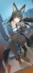  absurdres animal_ears arm_out_of_sleeve black_boots black_gloves black_hair black_necktie black_pantyhose black_skirt boots breasts closed_mouth collared_shirt commentary dutch_angle eucha female fingerless_gloves fox_ears fox_girl full_body gauntlets gloves high_heel_boots high_heels highres hoshimi_miyabi id_card jacket long_hair looking_at_viewer medium_breasts necktie outdoors pantyhose red_eyes revision scabbard sheath shirt single_fingerless_glove single_gauntlet sitting skirt solo white_shirt wind zenless_zone_zero 