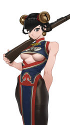  absurdres alternate_costume bare_shoulders black_hair black_pantyhose bolt_action breasts china_dress chinese_clothes clothing_cutout double_bun dress english_commentary female grey_eyes gun hair_bun highres hip_bones holding holding_gun holding_weapon lin_lin_(one-punch_man) medium_breasts one-punch_man pantyhose pzkpfwi revision short_hair solo underboob weapon white_background 