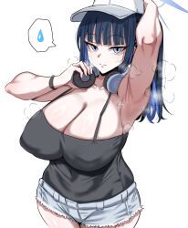  absurdres arm_up armpits baseball_cap black_camisole black_hair blue_archive blue_eyes blue_hair blue_halo blunt_bangs breasts camisole collarbone covered_nipples denim denim_shorts female grey_shorts halo hat headphones headphones_around_neck highres large_breasts long_hair looking_at_viewer multicolored_hair ponytail saori_(blue_archive) short_shorts shorts sidelocks simple_background smile solo spoken_sweatdrop standing sweatdrop two-tone_hair white_background white_hat woo_(woosan) 