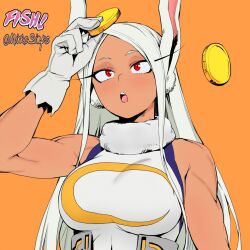  :o animal_ears artist_collaboration artist_name bare_shoulders boku_no_hero_academia breasts coin colorized commentary crescent_print dark-skinned_female dark_skin english_commentary female fur_collar gloves hand_up highres holding holding_coin large_breasts leotard long_eyelashes long_hair looking_at_object looking_up mirko mirkosimps orange_background parallaxfused parted_bangs rabbit_ears rabbit_girl red_eyes simple_background sleeveless_turtleneck_leotard solo taut_leotard teeth toned toned_female twitter_username upper_body upper_teeth_only very_long_hair white_gloves white_hair white_leotard 